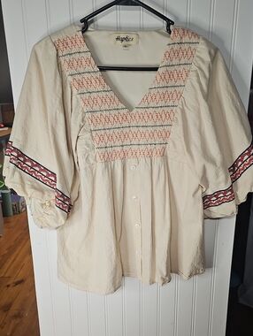 Haptics Cream Embroidered V-Neck Peasant Blouse